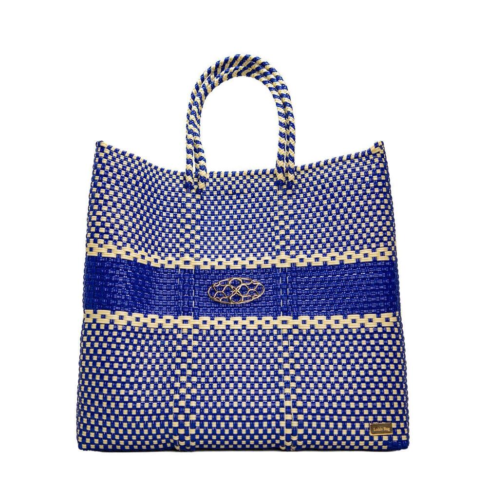 NEW LOLA'S BAG women's medium woven regular strap tote bag in blue/beige